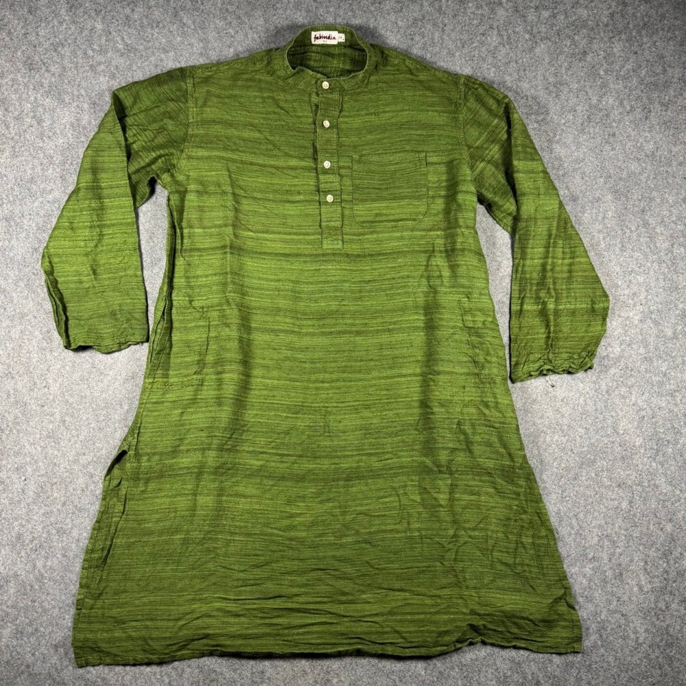 Fabindia Kurta Women 38 Green Silk Long Sleeve Mandarin Collar Textured Tunic